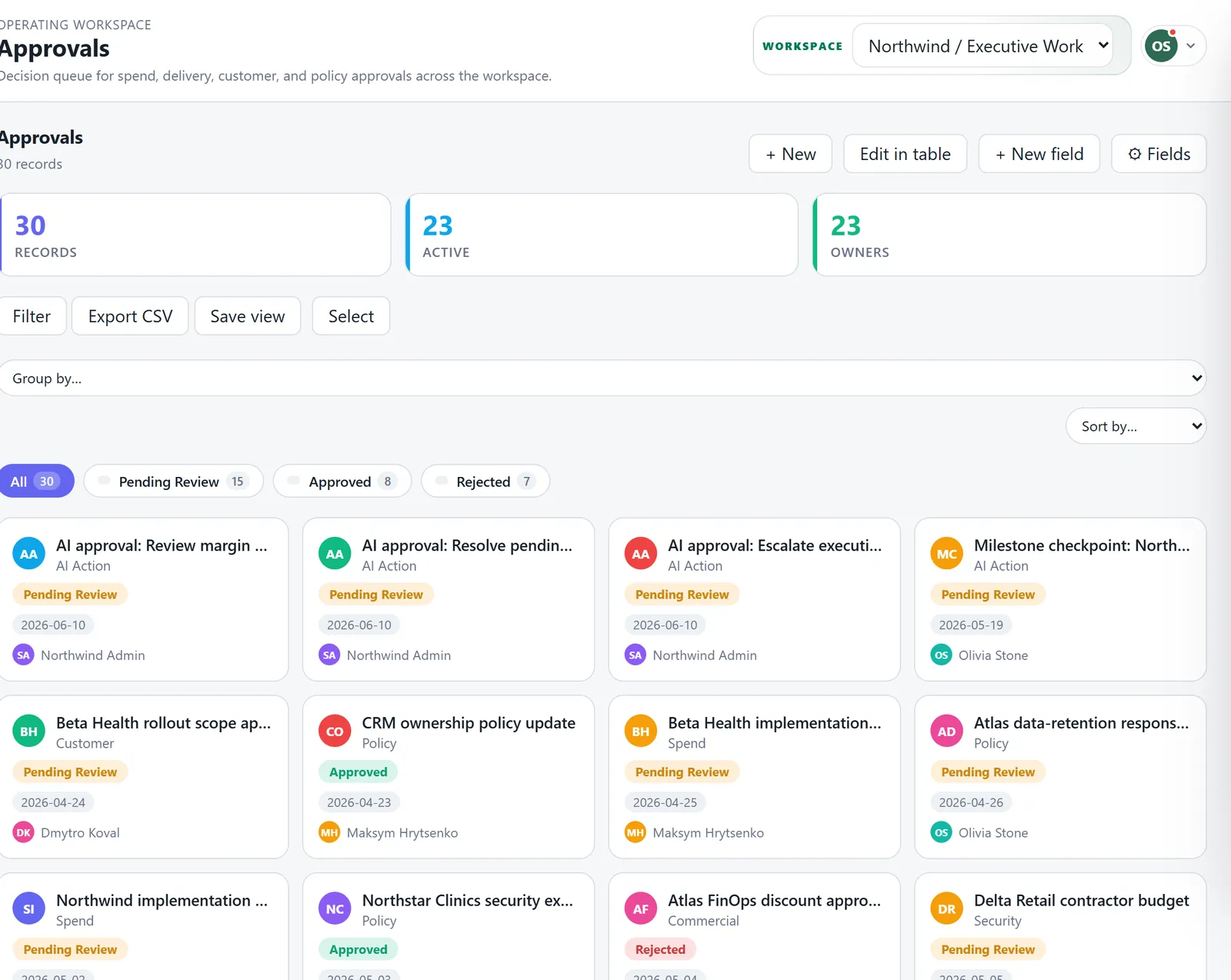 The approvals queue, with AI actions marked Pending review, Approved or Rejected