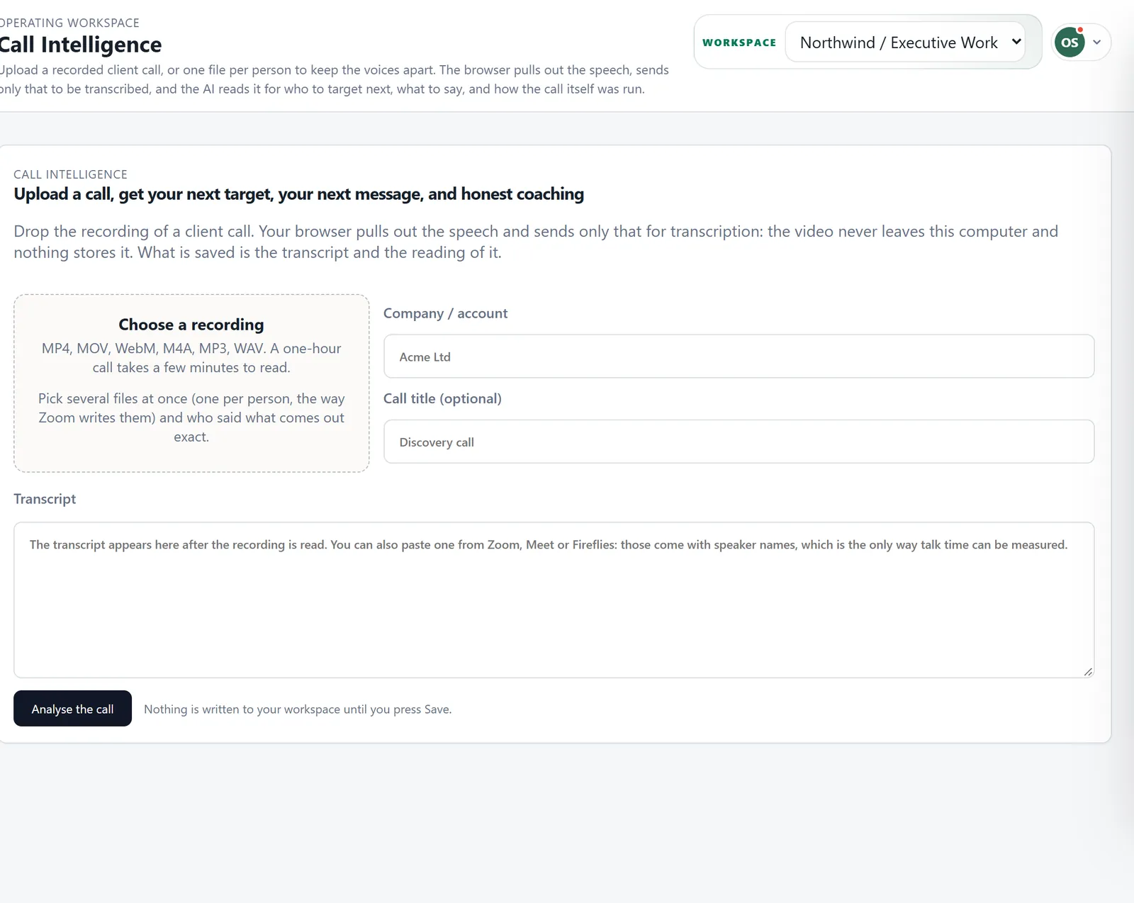 Call intelligence: upload a recording and read the analysis