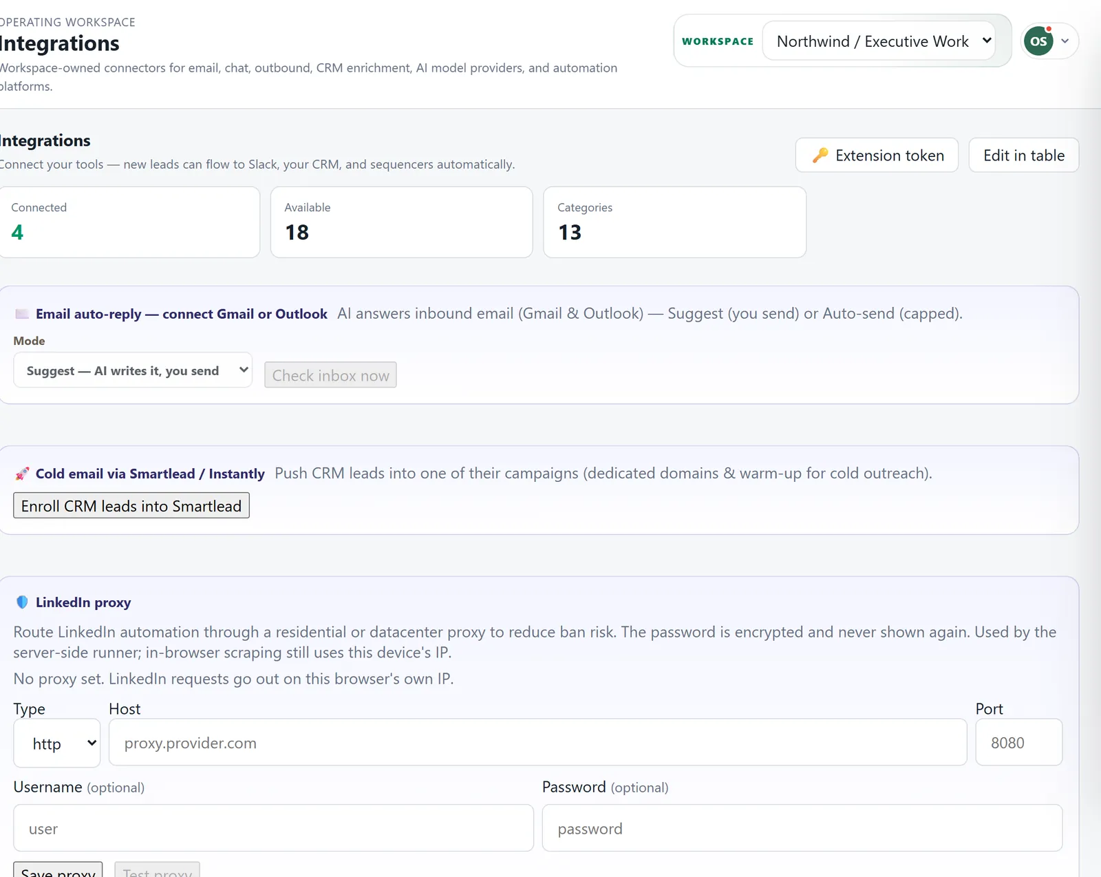 Integrations settings with connected and available tools