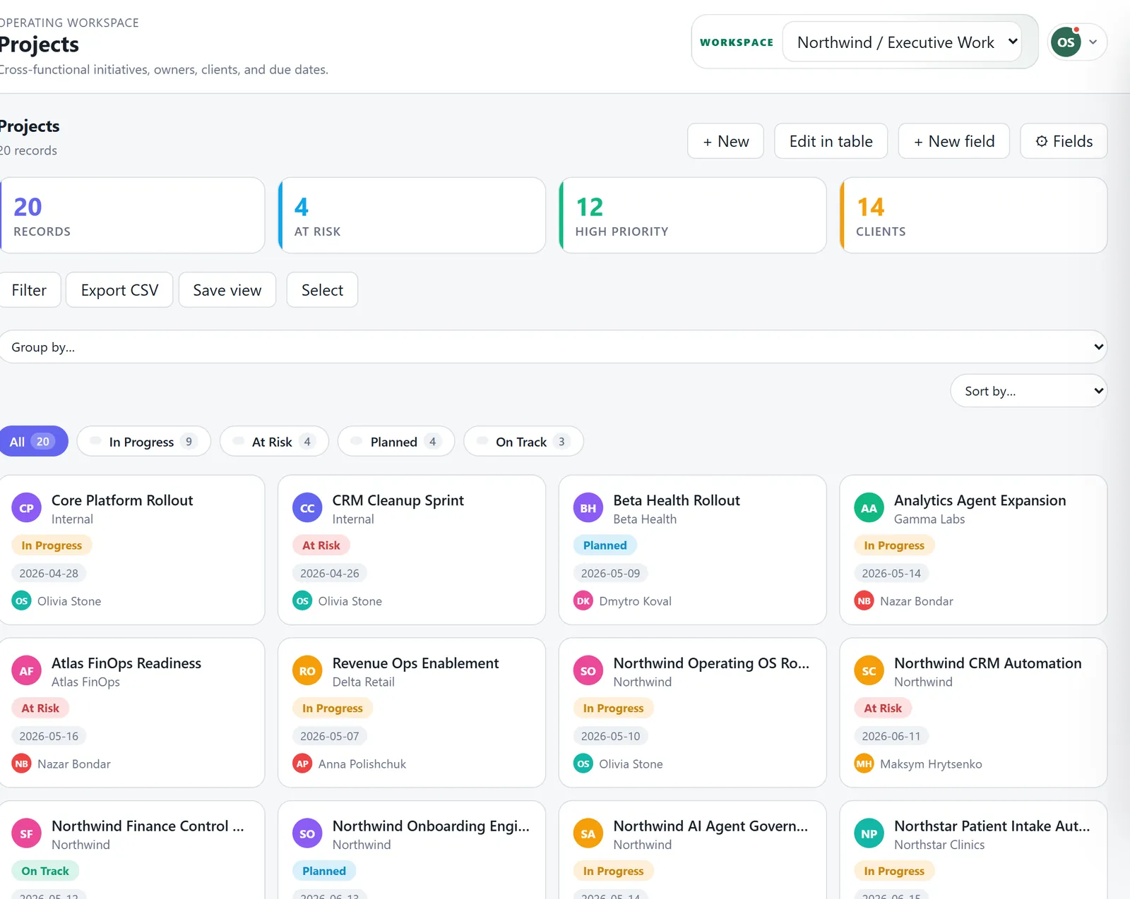 Projects list with status, client and owner