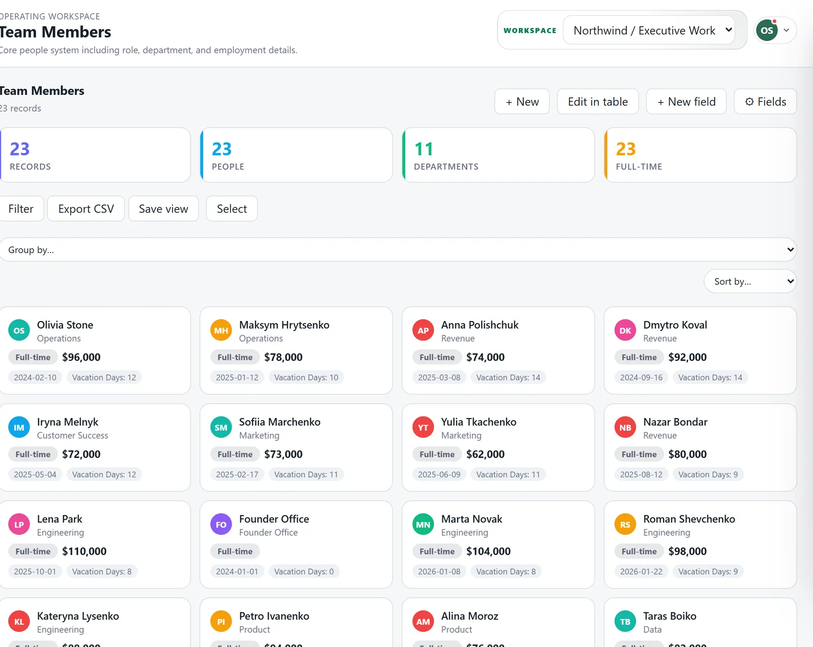 Team members with role, department, pay and vacation days